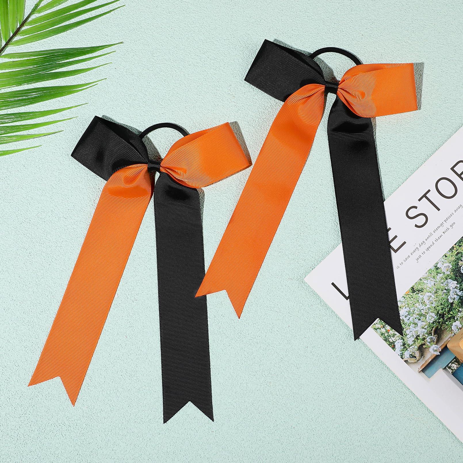 DEEKA DEEKA 16 PCS Collegiate Style Ponytail Holders - Long Tail Skinny Handmade Bows for Girls, Teens, Softball, Cheerleaders - Orange/Black
