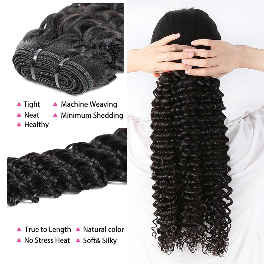 Chikamlty Deep Wave Bundles Human Hair 14 Inch Single Bundle Upgrade Brazilian Virgin Hair Bundles Deep Curly Bundle Water Wave Bundles Deep Wave One Bundle Human Hair for Black Women Natural Black