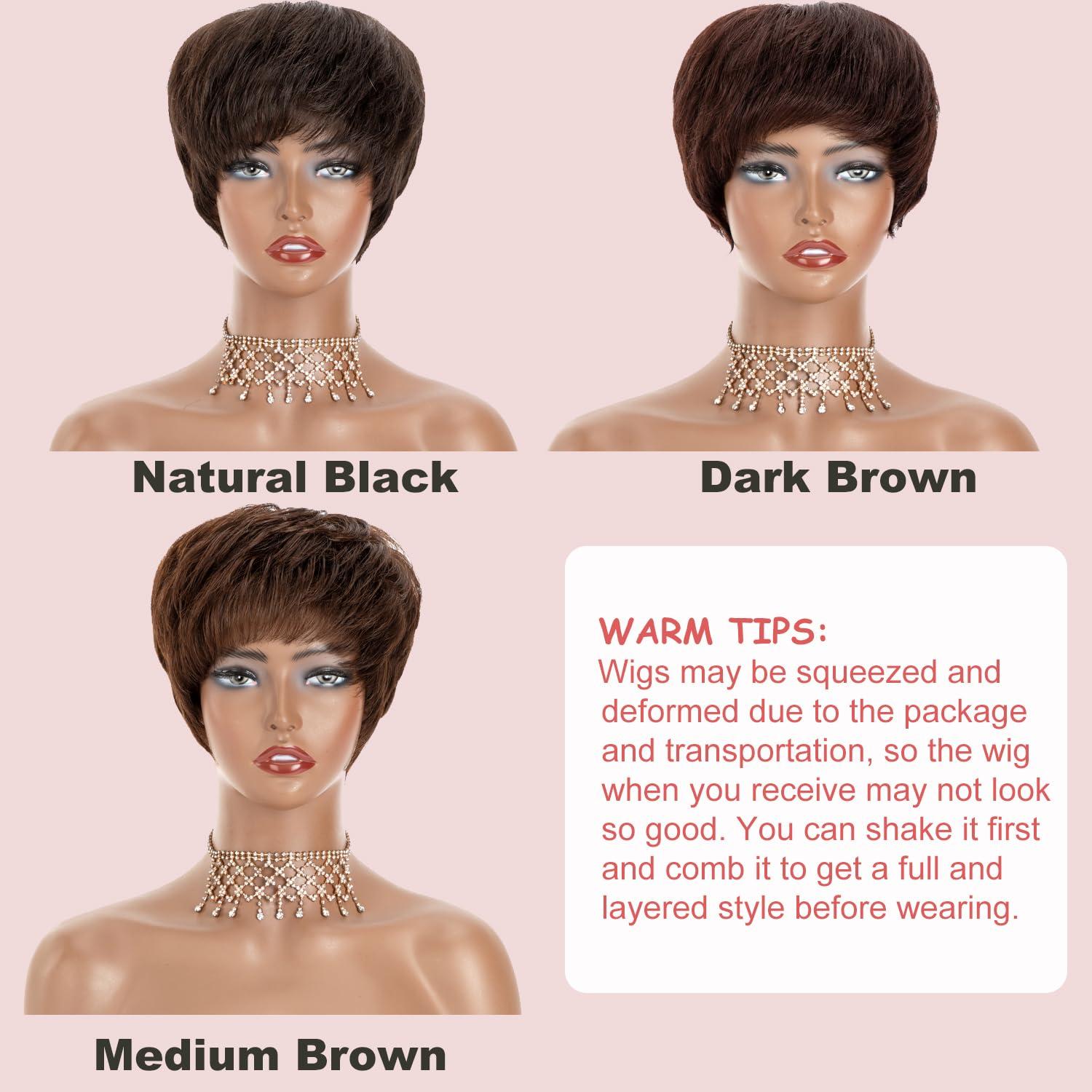 Lovenea Lovenea Human Hair Short Wigs for Black Women Straight Pixie Cut Short Human Hair Wigs with Scalp Top for Black Women Straight Hairstyles Layered Short Wig Pixie With Bangs (Pixie-Natural Black)