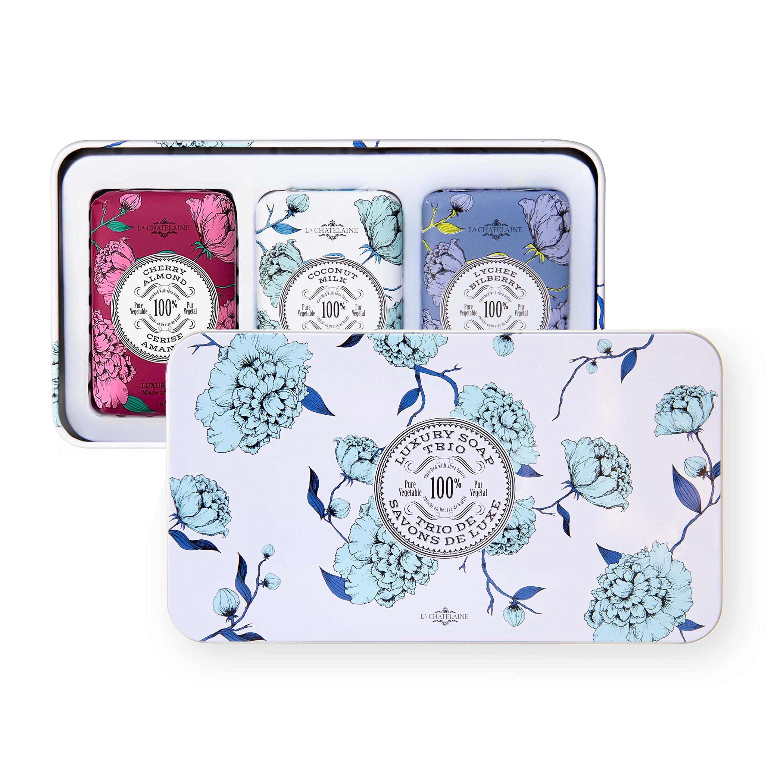 La Chatelaine La Chatelaine Luxury Bar Soap Trio Gift Set Tin  Winter White | Made in France | Natural and Organic Soap Bars | Shea Butter Formula | 3 x 7 oz / 200g (Cherry Almond, Coconut Milk, Lychee Bilberry)