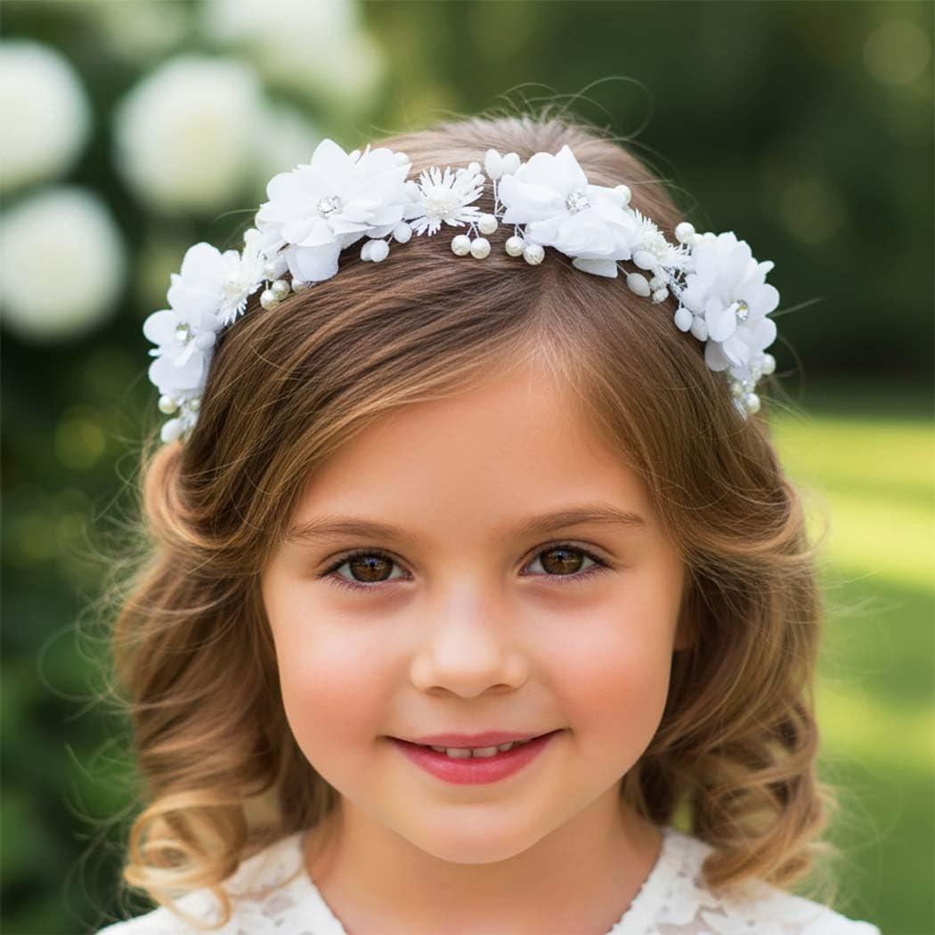 Campsis Campsis Flower Girl Headpiece White Princess Headband Pearl First Communion Hair Bands Wedding Birthday Party Hair Accessories for Women and Girls