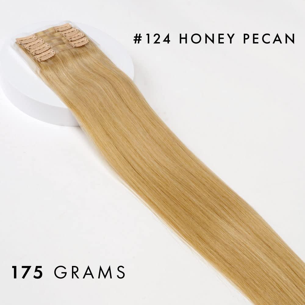 everlong Skinny Weft Clip-In Hair Extensions by Everlong, Thin Silicone Pressed Wefts, Premium Remy Human Silky Straight Hair for Length & Volume, 175 grams #124 Honey Pecan 18"