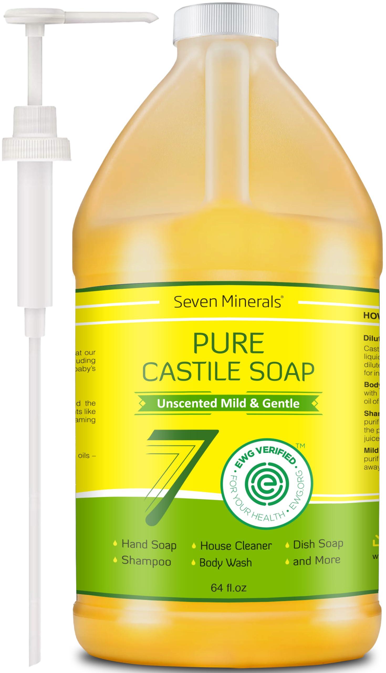 Seven Minerals Pure Castile Soap - No Palm Oil, GMO-Free - Gentle Liquid Soap For Sensitive Skin & Baby Wash - All Natural Vegan Formula with Organic Carrier Oils (64 FL Oz, An Unscented)