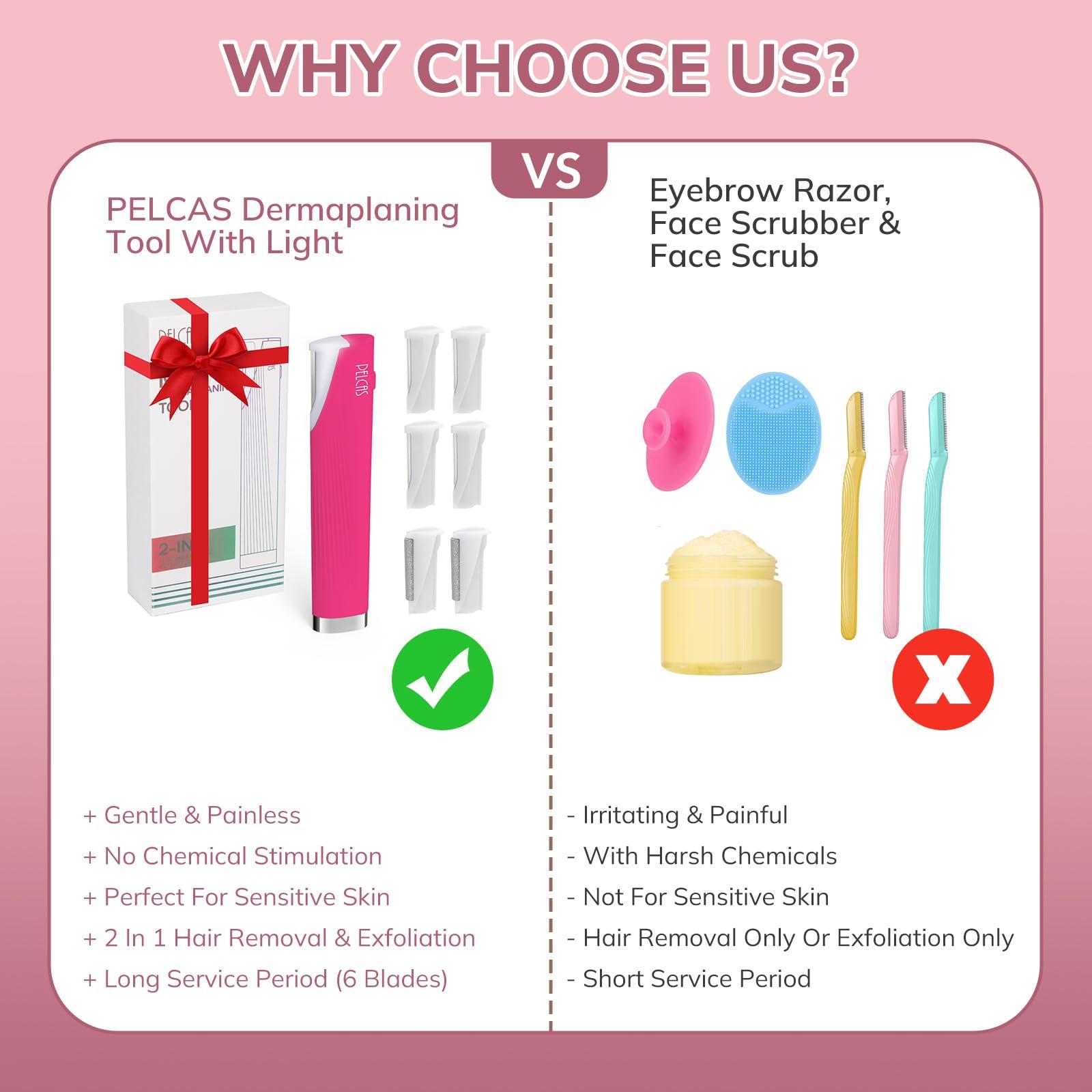 PELCAS PELCAS Electric Dermaplaning Tool for Face with LED Light, Mini Dermaplaning Razor Kit for Women with 6 Replace Blades 3 Speeds Facial Peach Fuzz Exfoliation & Hair Removal At Home BV18-712 Rose Pink