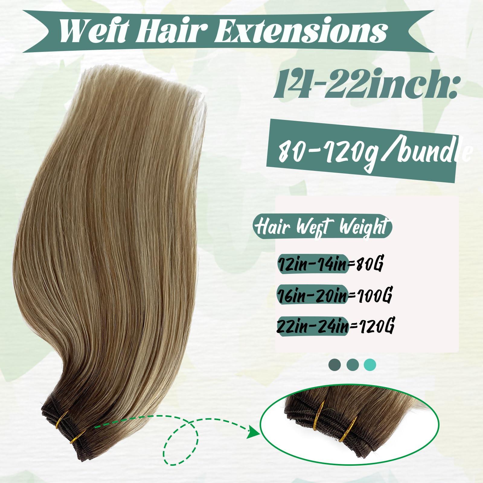 Smavida Ombre Blonde Hair Extensions Sew in Human Hair,14 Inch Light Brown Mixed Platinum Blonde Highlights Blonde Sew in Hair Extensions Real Human Hair Balayage Remy Human Hair Weaves for Women Full Ends