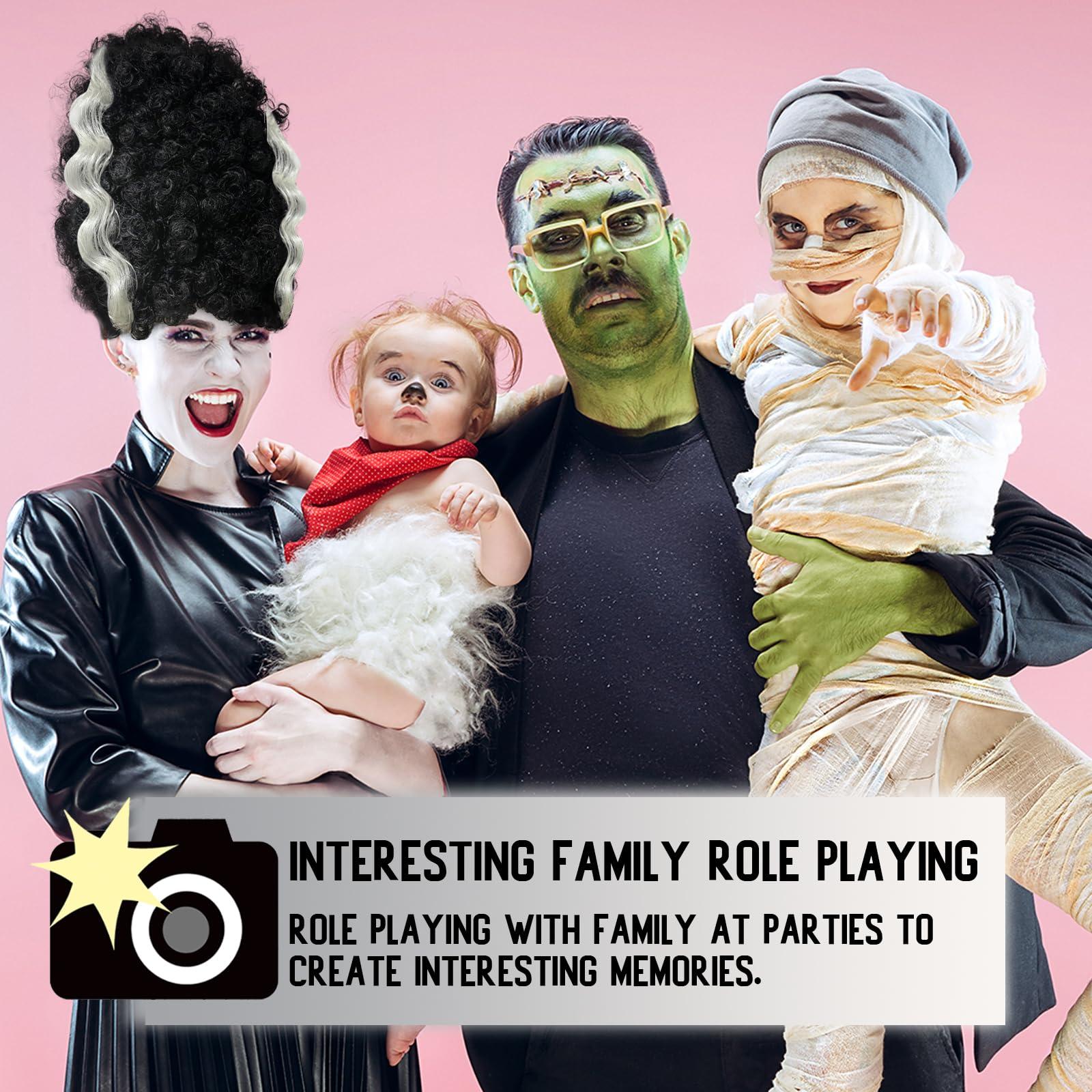 Luvfamday Luvfamday Long Black Curly Wig with White Streaks Goth Bride Wig Top Hat Two Tone Wig Halloween Cosplay Costume Wigs Women Men