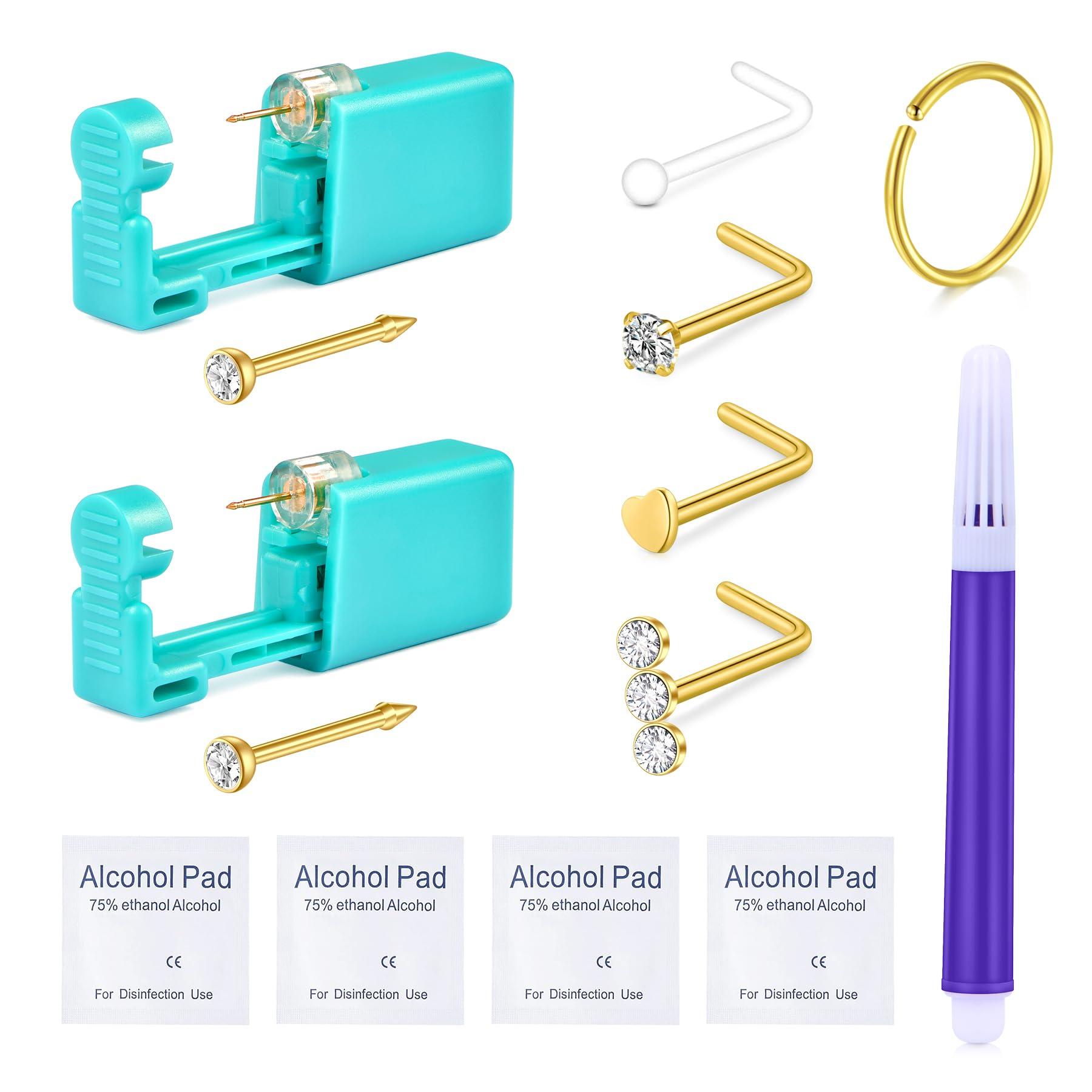 QWALIT QWALIT Self Nose Piercing Kit at Home Nose Piercing Kit Nose Ring Piercing Kit Nose Piercing Kit with Nose Rings Disposable Nose Piercing Gun Kit Gold Piercing Kit for Nose