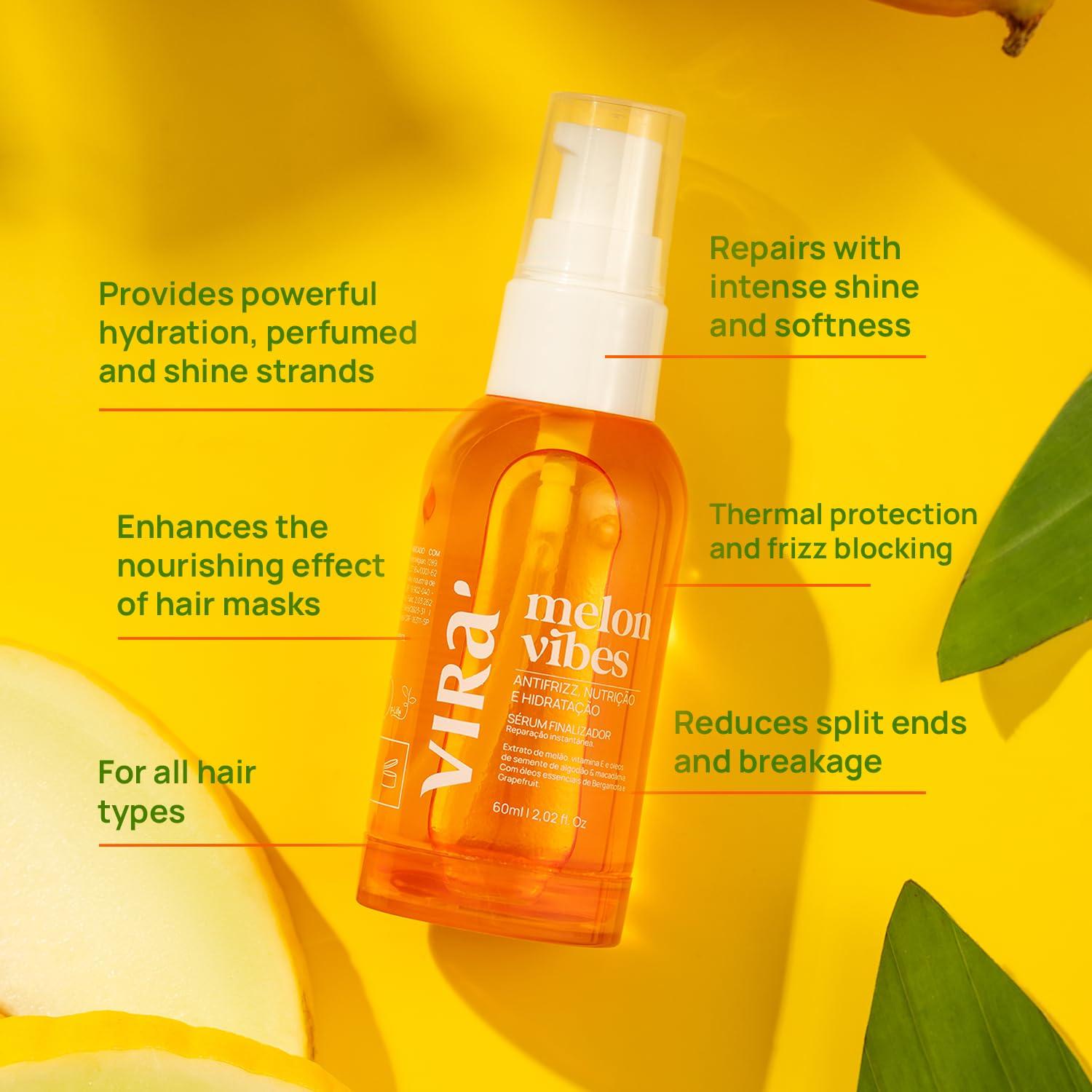 Vir Vir Brazilian Hair Serum, Frizz Control, Anti-frizz Nutrition and Hydration For All Hair Types, Cantaloupe Oil & Vitamin E - Pack of 2, 60ml (Melon Vibes), Yellow
