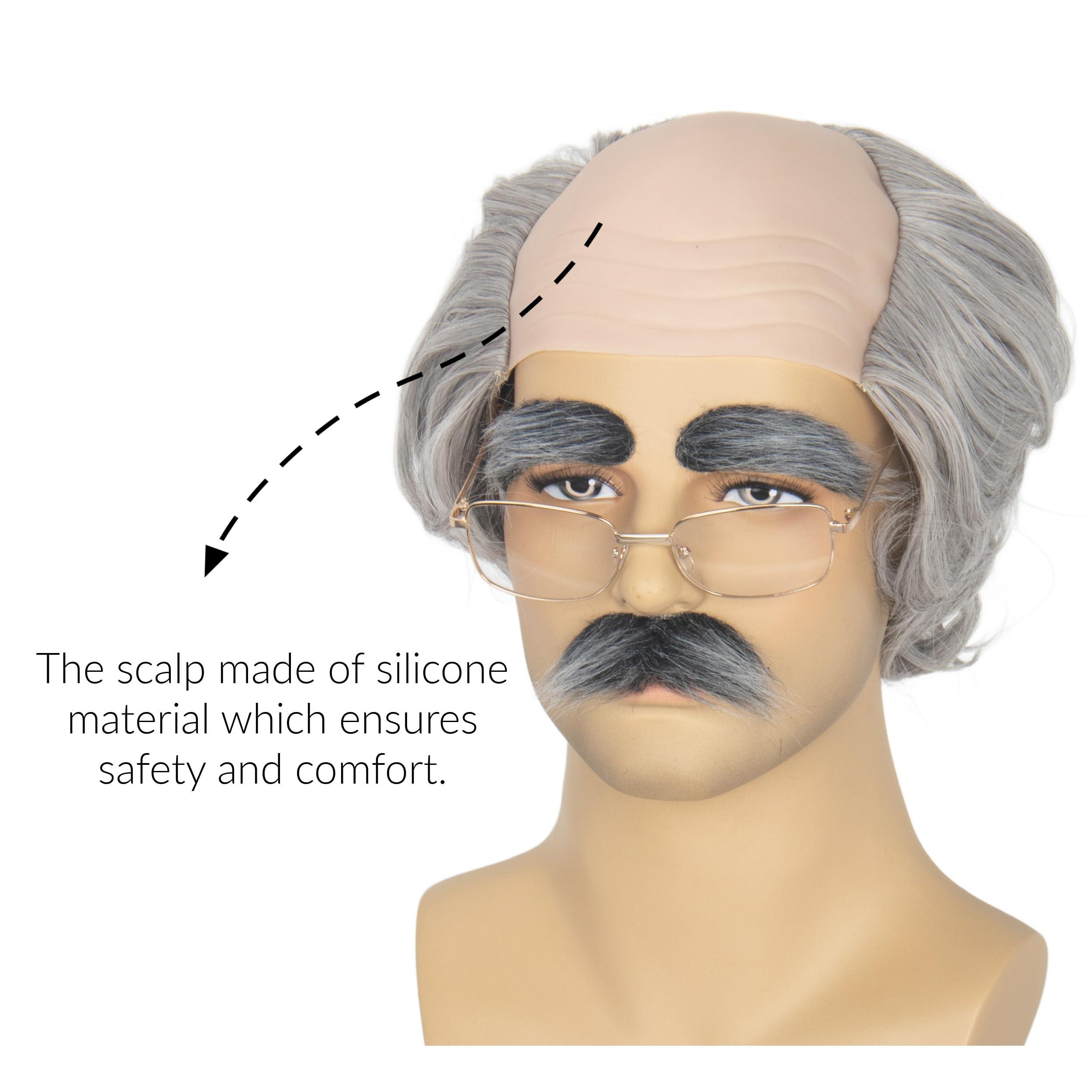 M MISS U HAIR Miss U Hair Old Man Wig and Mustache Eyebrows Funny Wigs Short Grey Bald Cap With Hair On Sides Balding Grandpa Wig