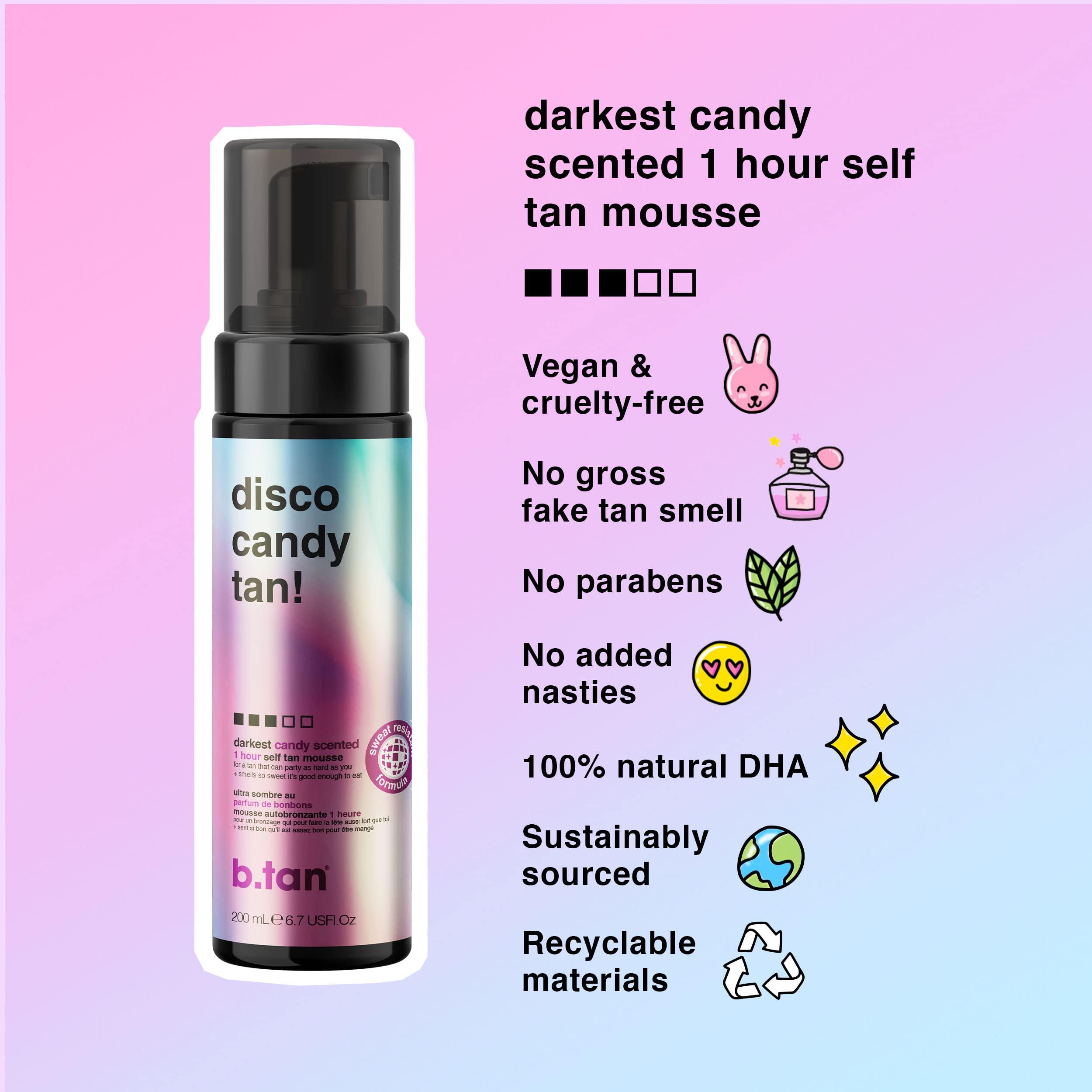 B.TAN b.tan Dark Self Tanner Mousse | Disco Candy Tan - Best, 1 Hour Express Sunless Tanning Foam, Candy-Scented, Sweat-Proof & Transfer Resistant, No Fake Tan Smell, Vegan, Cruelty Free, 6.7 Fl Oz