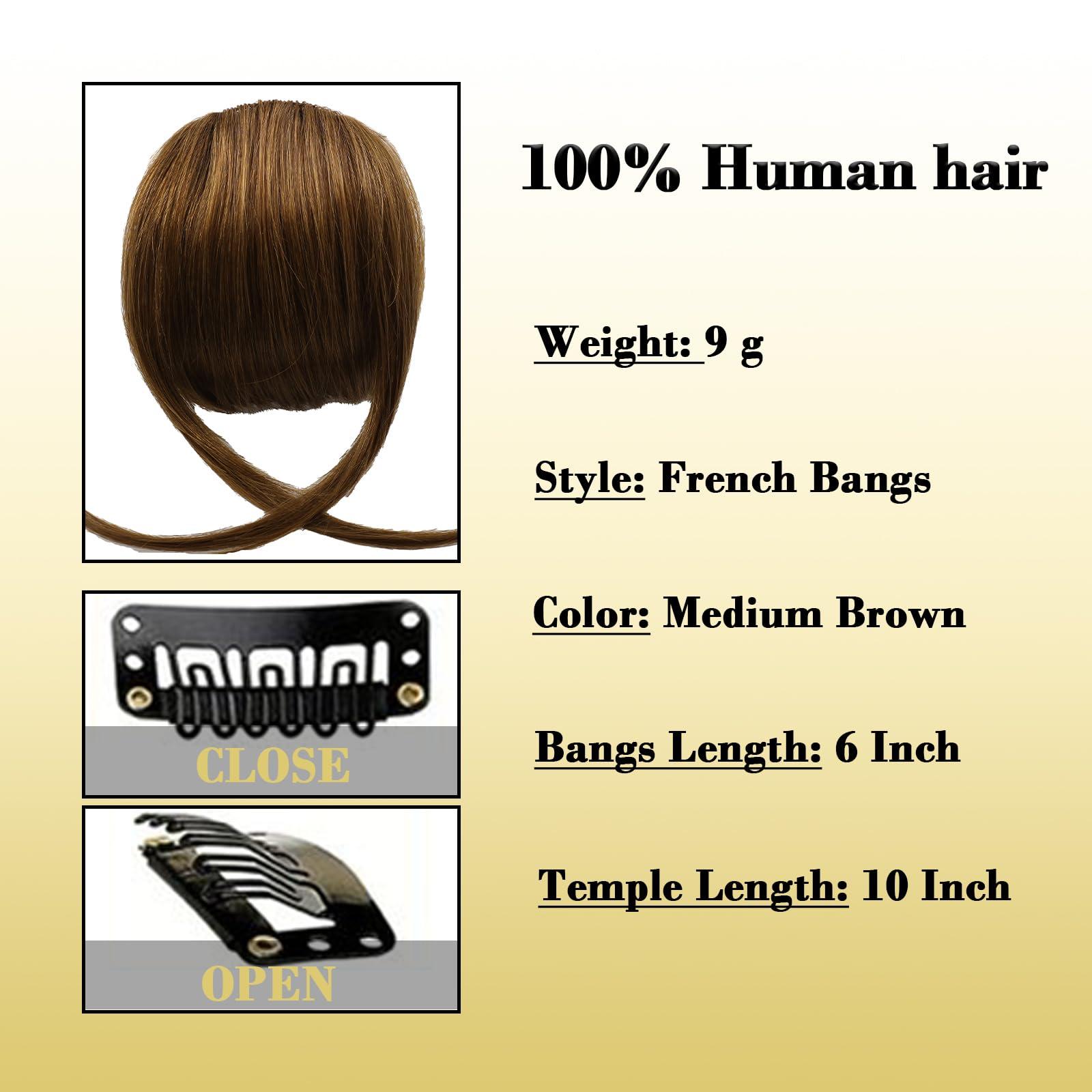 Savasana Savasana Clip on French Bangs-Real Human Hair Clip in Bangs Hairpieces Fake Air Bangs Fringe with Temples Bangs Hair Extensions(French Bangs, Medium Brown)