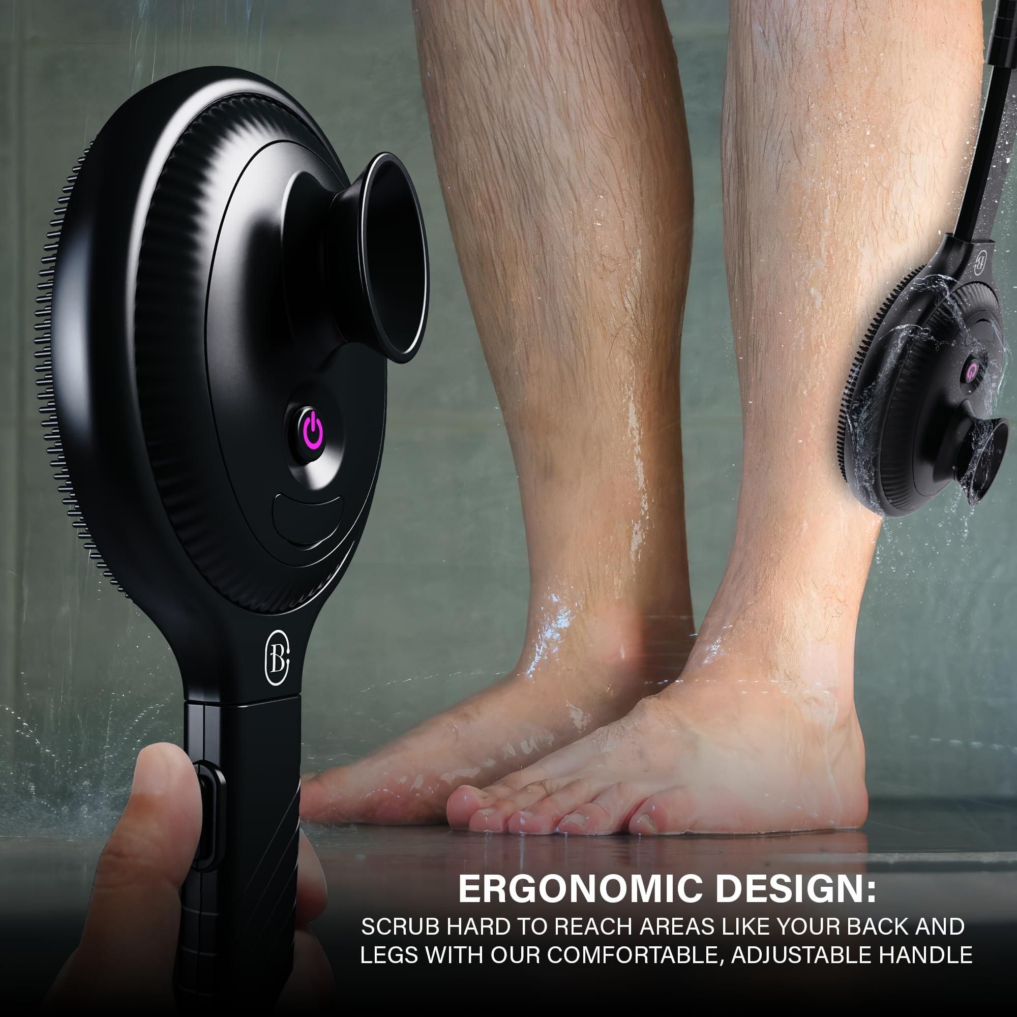 Bella Ciao Bella Ciao Body & Face Electric Vibrating Shower Scrubber, 4 Vibrating Modes, Extendable Handle, Detachable Head Silicone Massage Brush, Waterproof (Black)