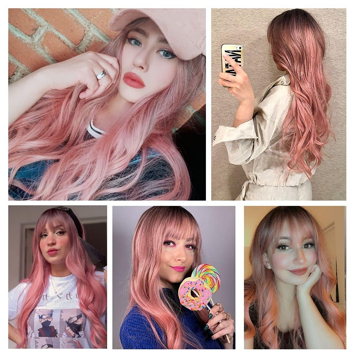 EMMOR EMMOR Long Ombre Pink Wig for Women - Natural Curly Hair Synthetic Wigs With Bang Dark Root, Party Cosplay Daily Use (2pcs Free Wig Cap)