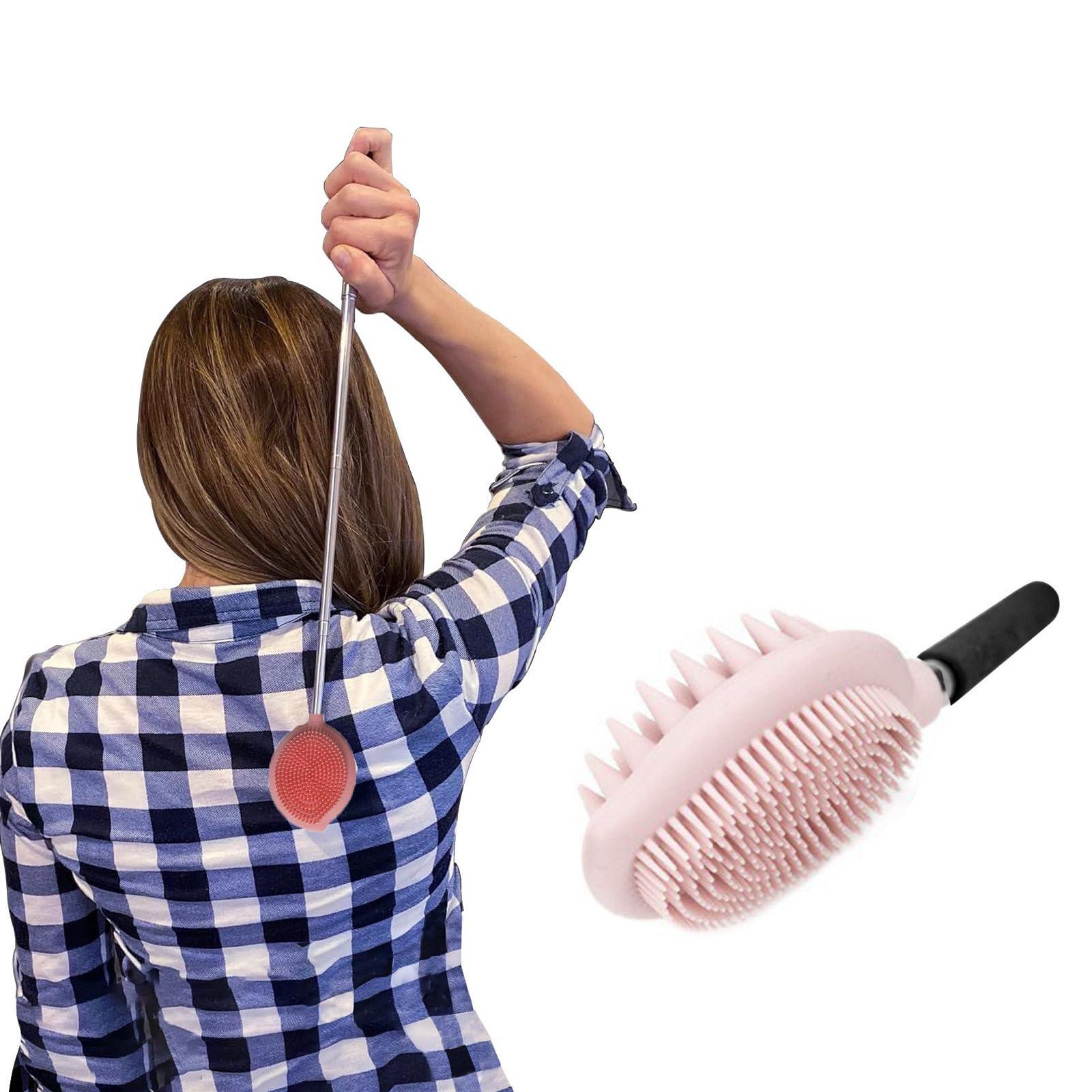 Ruxunteli Extendable Long-Handled Bath Brush, Retractable Handle (Pink)