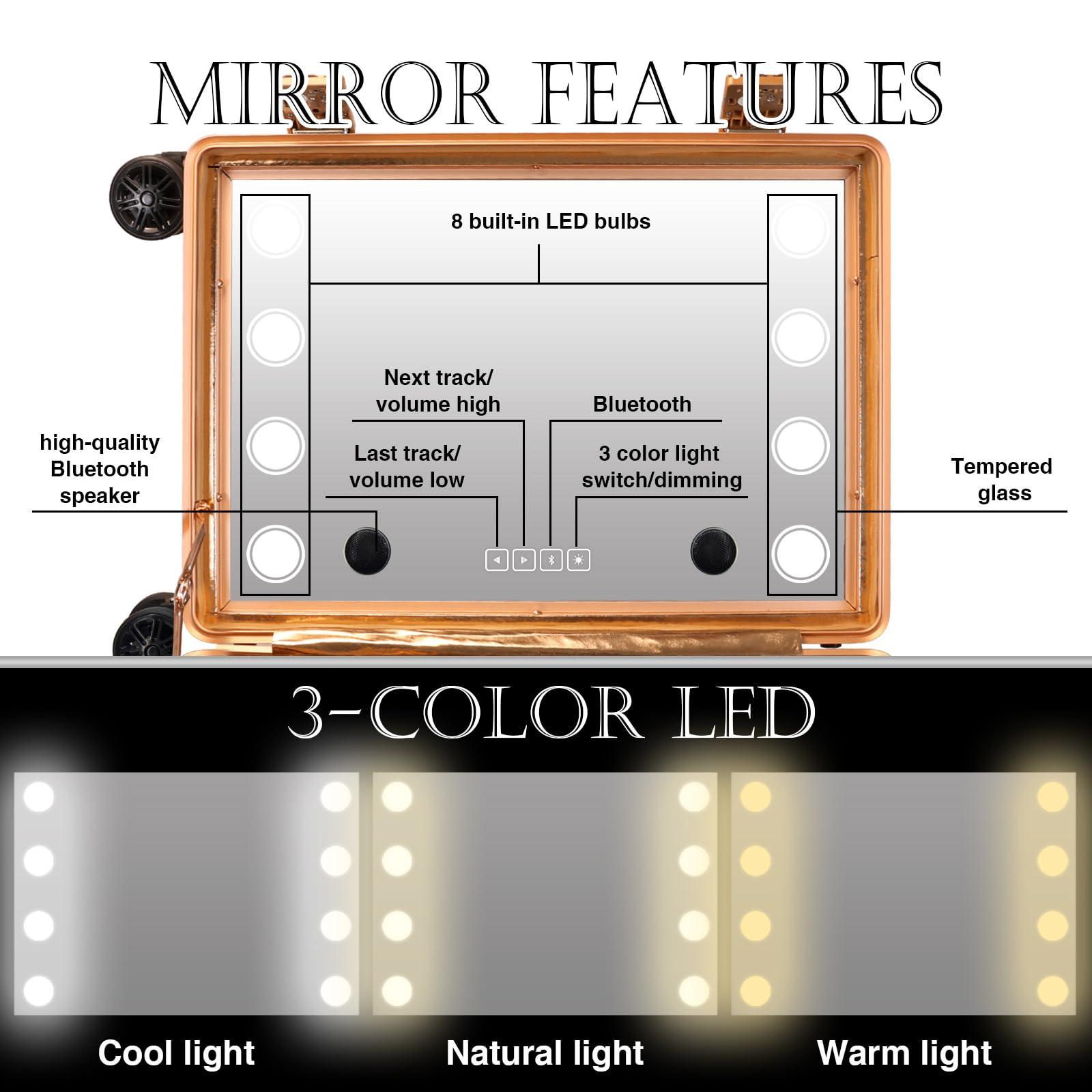 RUKEJUNE RUKEJUNE Rolling Makeup Case with LED Light Mirror Adjustable Legs Lockable Train Table Studio Artist Cosmetic Carry-on Size Rose Gold