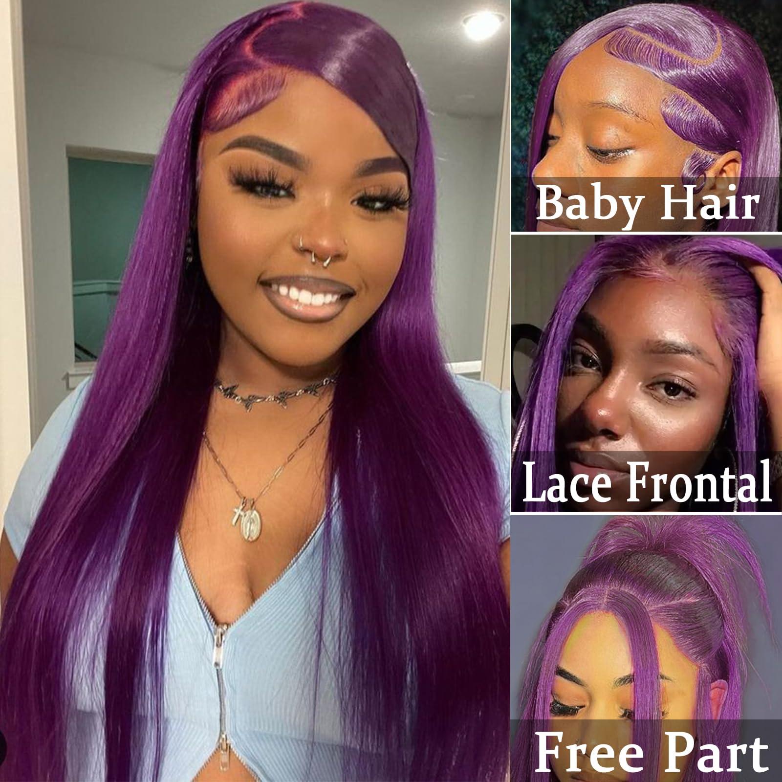 cute fairy cute fairy Deep Purple Lace Frontal Wig Human Hair 13x4 Dark Burgundy Straight Lace Front Glueless Wigs Human Hair for Women 24 Inch 150% Density with Baby Hair