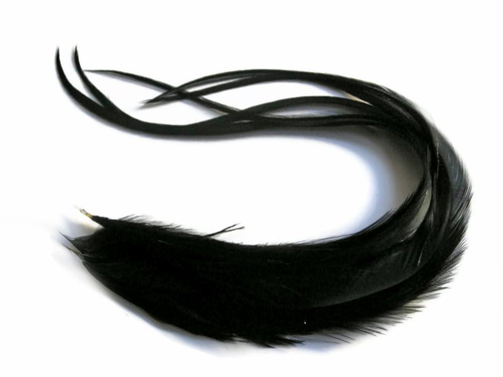 Moonlight Feather 6 Pieces - XL Solid Black Thick Extra Long Whiting Farm Rooster Saddle Hair Extension Feathers Fly Tying Summer Craft Supply | Moonlight Feather