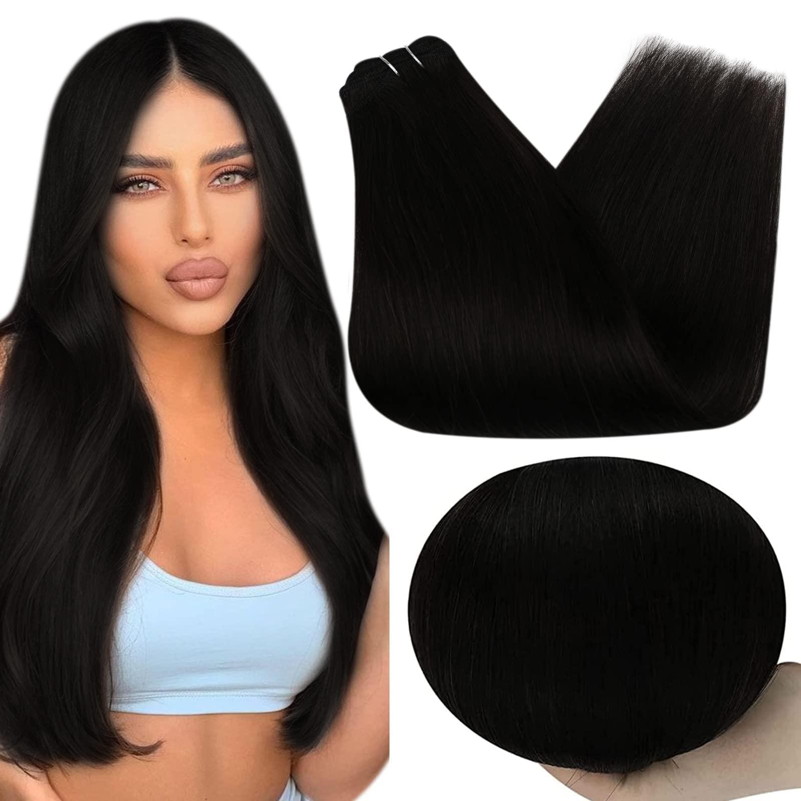 Full Shine Full Shine Black Weft Human Hair Extensions 22 Inch and Sew in Hair Extensions Real Human Hair Jet Black