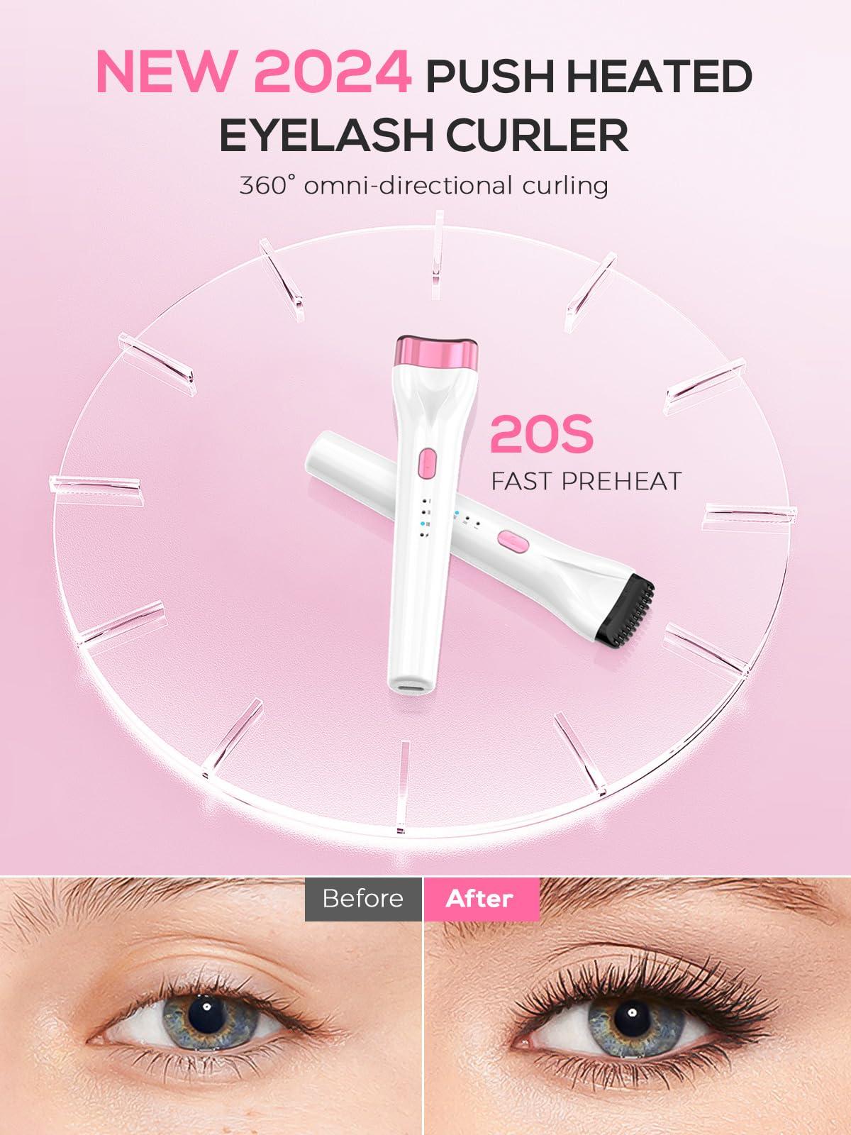 Smiling Shark Heated Lash Curler Wand, 2024 New 5D Push Heated Eyelash Curler and Rechargeable 3 Heat Modes Anti-Burn & 5 Mins Power 0ff for Professional Lasting Eyelashes Results, Heated-Eyelash-Curler-Electric