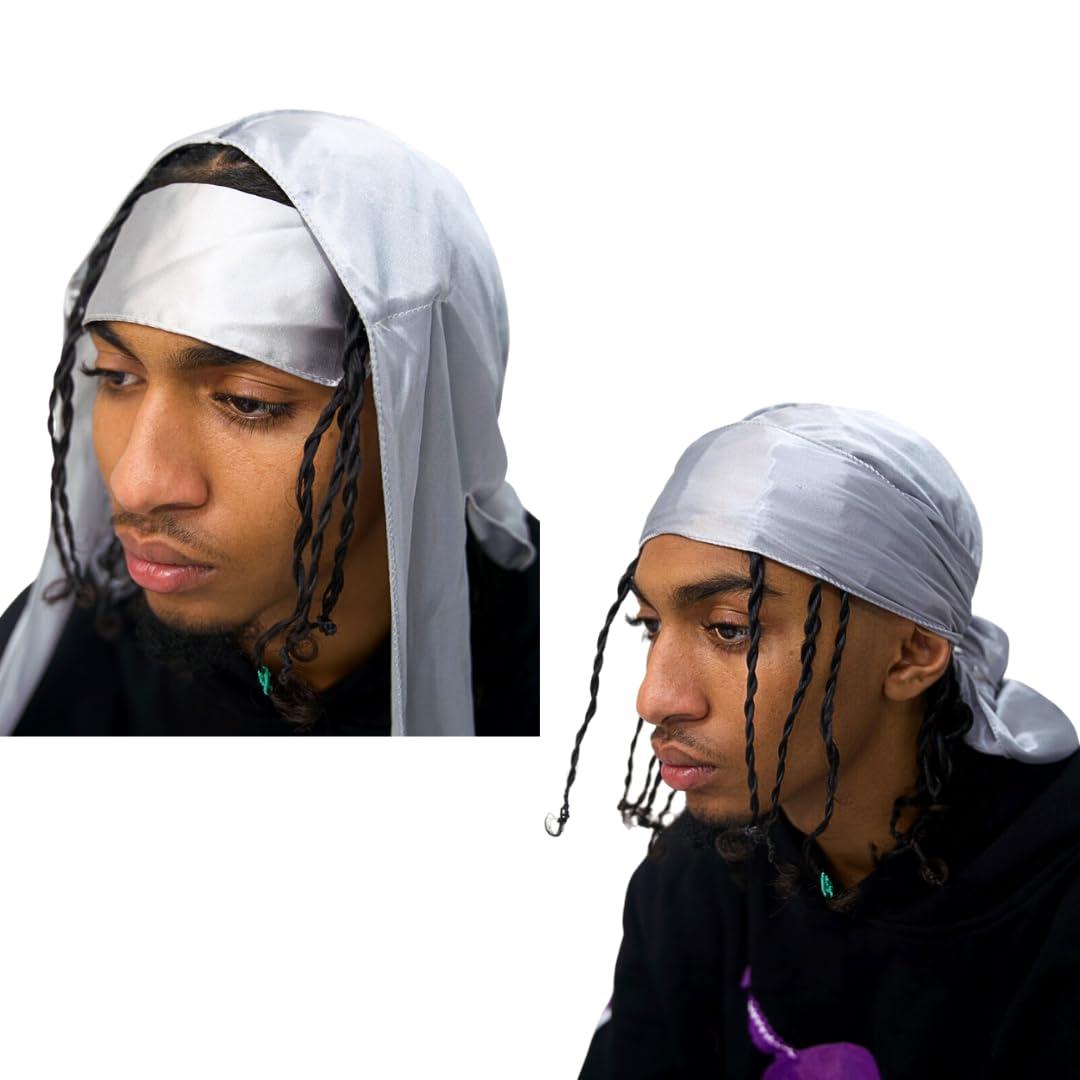 Blavic Blavic Durag For Braids, Locs, And Twist - Silk Durag for Men, Long Double Wide Straps, Outside Seam Triple Stitch Du Rag (Grey)