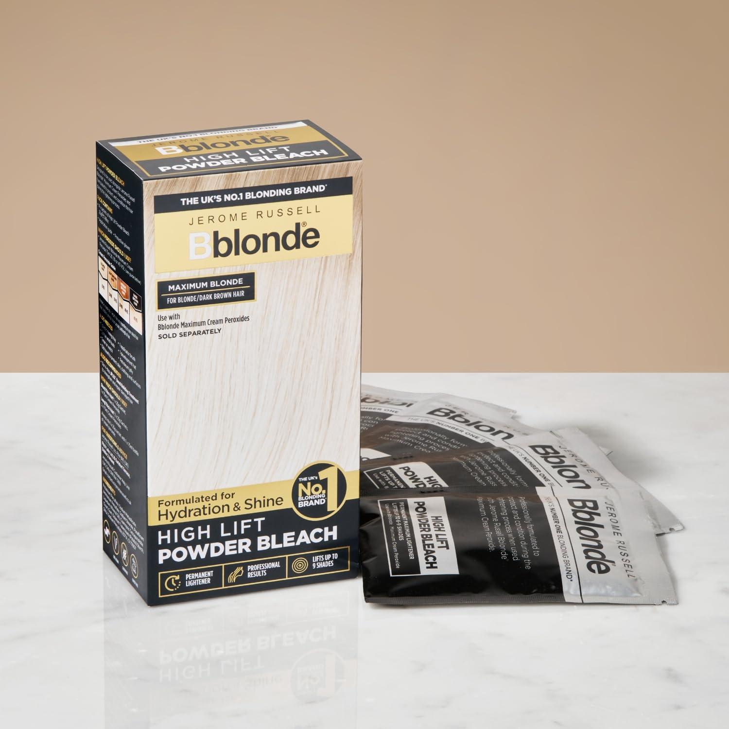 B-Blonde Jerome Russell Bblonde High Lift Powder - Blonde to Dark Brown Hair Lightener with Mineral Oils, Lifts 6-9 Shades, 4 Sachets (4x25g)