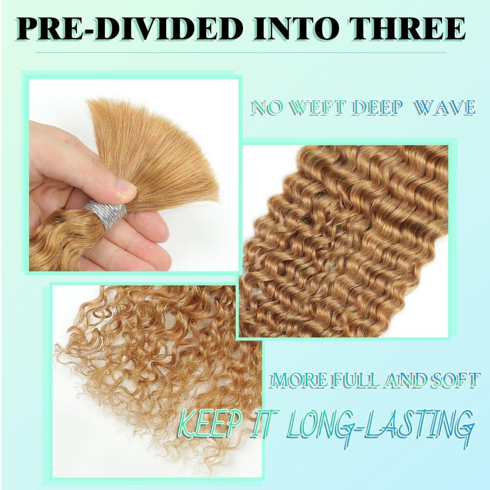 Renyarch Blonde Human Braiding Hair for Boho Braids 14 Inch 100g Human Hair Braiding Hair Deep Wave Bulk Human Hair for Braiding No Weft Brazilian Virgin Curly Human Hair Brading Hair Extensions 27#