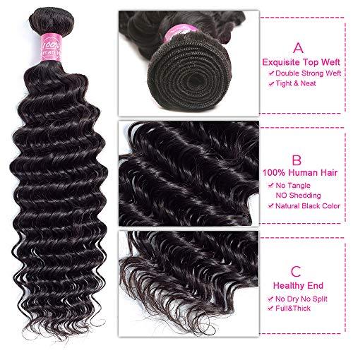 FQ Deep Wave Bundles with Closure Brazilian 10A Human Hair Bundles(26 28 30+20 Closure)Deep Weave Curly Human Hair 3 Bundles with 4x4 Lace Closure 100% Unprocessed Virgin Human Hair Bundles Natural Color