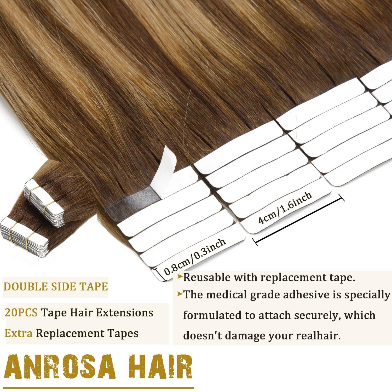 Anrosa Brown Tape in Hair Extensions Human Hair Skin Weft Natural Real Hair Extensions Human Hair Chocolate Brown to Caramel Blonde with Brown Roots Tape ins Human Hair Extensions 18 Inch 100g R4-4/27
