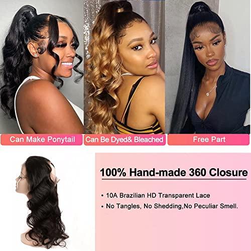 Caijuxing 16 Inch 360 Frontal Closure Body Wave 360 Lace Frontal with Bangs Baby Hair 360 Full Lace Frontal 100% Remy Human Hair 150% Density Natural Color 360 Frontal