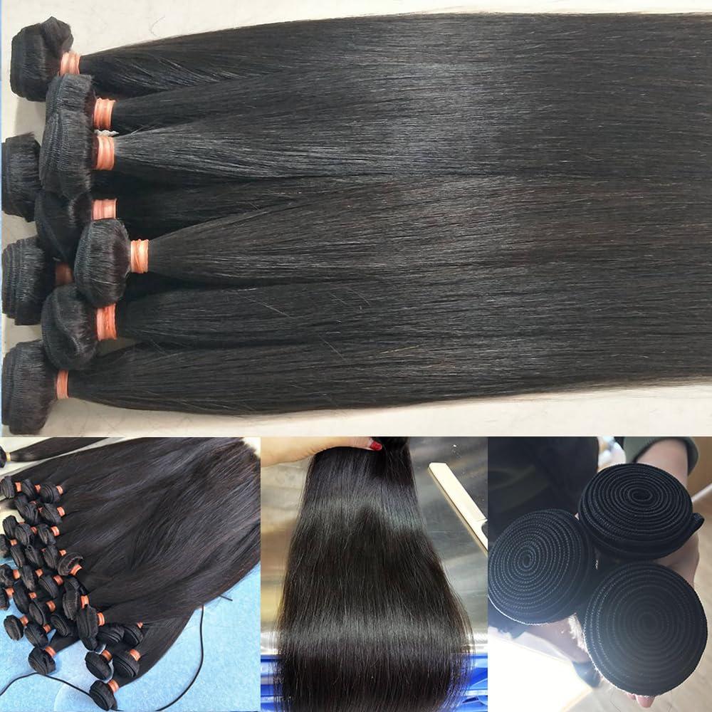 Topnormantic Topnormantic Straight Bundles with Frontal Human Hair (14 16 18+14) 12A Grade Brazilian Human Hair 3 Hair Bundles with 13x4 Lace Frontal Free Part 100% Unprocessed Virgin Hair Straight Weave