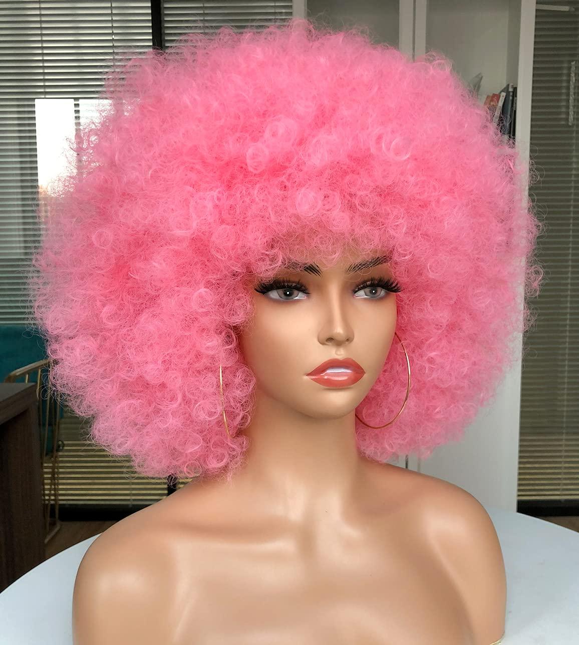 CURLCRAZY CURLCRAZY 70s Afro Wig with Bangs Short Afro Kinky Curly Wig for Black Women Large Bouncy and Soft Natural Looking Halloween Party Christmas Cosplay Wigs (Pink)