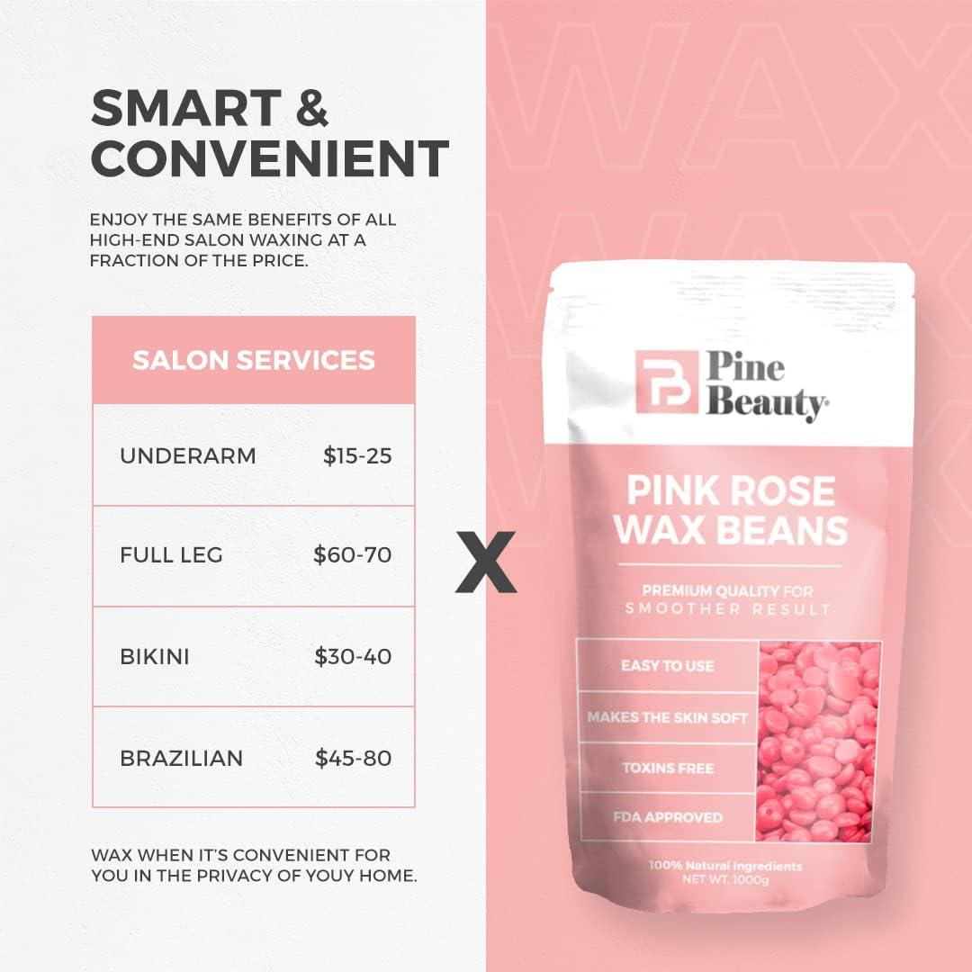 PINE BEAUTY CO 2.2 Lbs Hard Wax Beads - Big Bag Wax Beans, Complete Kit for Painless Hair Removal 10 Extra Waxing Spatula Applicator for Bikini Area, Face, Legs, Eyebrow, Body Pearl Wax Warmer and Brazilian Wax