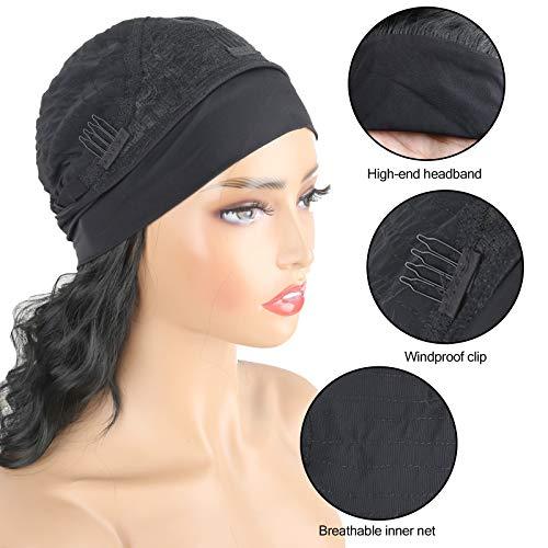 Oseti Oseti Short Curly Headband Wigs for Black Women Black Wavy Wigs with Headbands Attached Body Wave Wig Head Wrap Wigs with Ice Silk Turban Synthetic Headband Wigs for Women Short Loose Bob Wig 14Inch