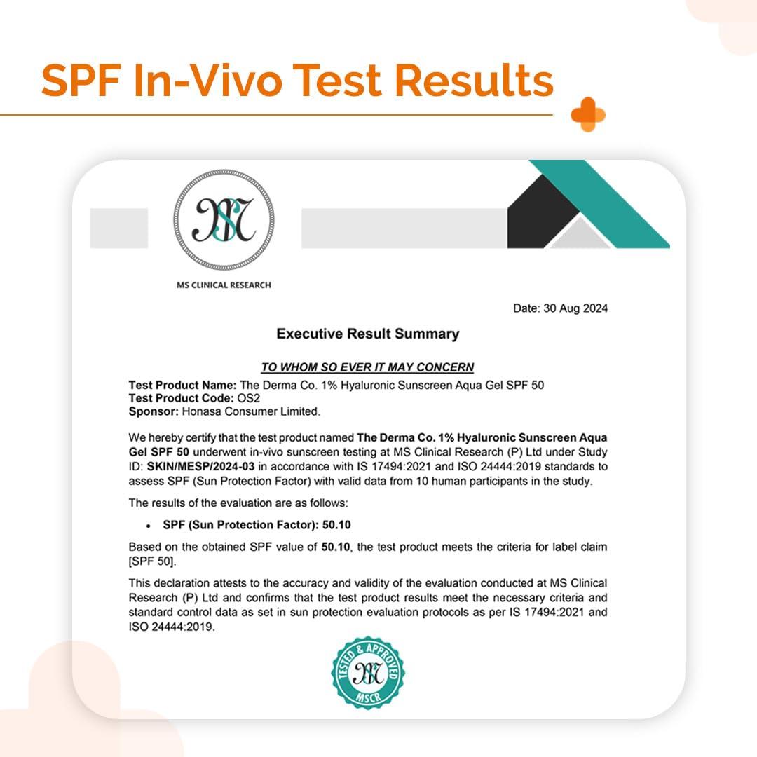 The Derma Co The Derma Co 1% Hyaluronic Sunscreen Aqua Gel with SPF 50 & PA++++ | Broad Spectrum UVA/B & Blue Light Protection | Lightweight & Quick Absorbing with Vitamin E | 1.76 Oz/50g