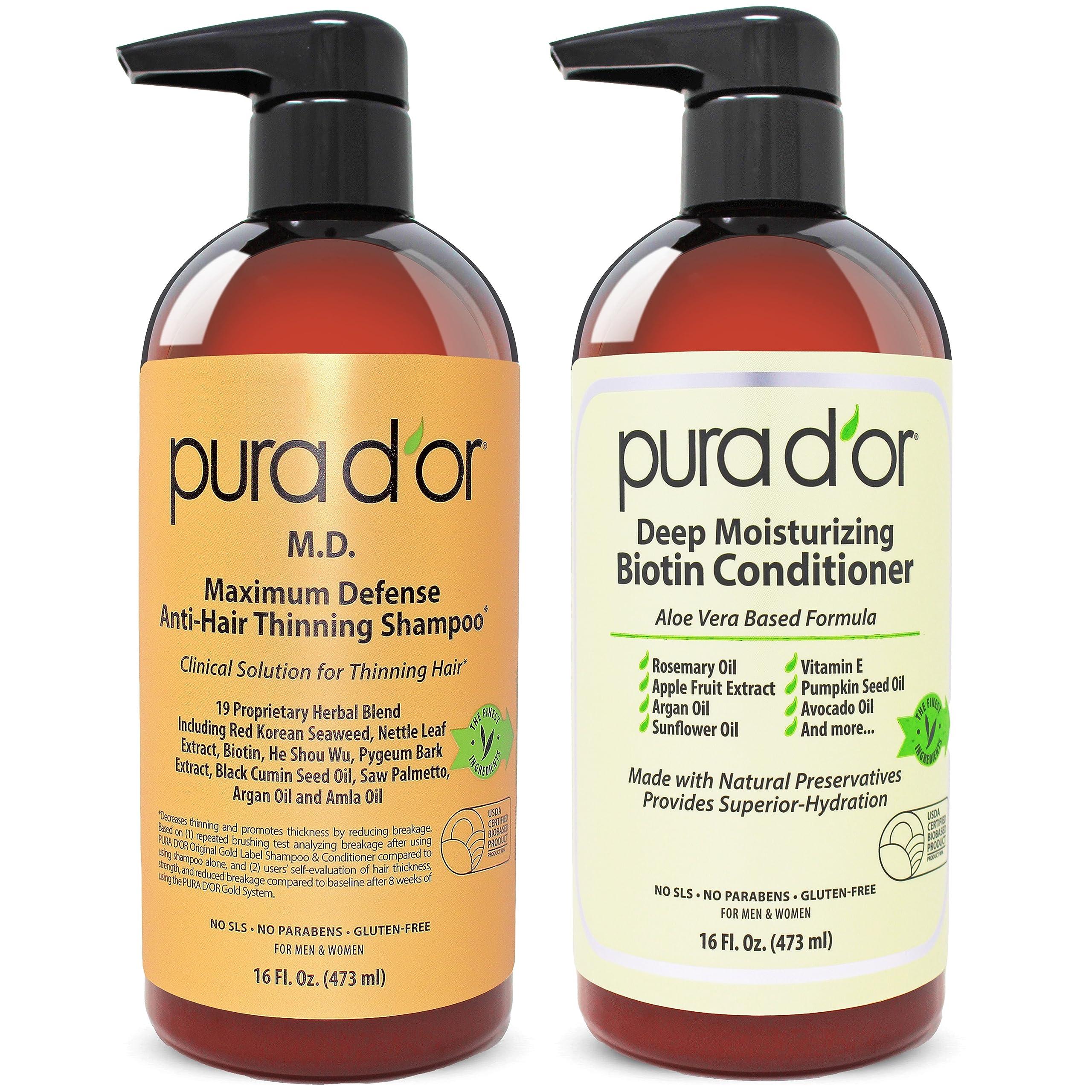 PURA D'OR PURA D\'OR MD Anti-Thinning Biotin Shampoo & Conditioner Set (16oz x2) Maximum Defense Coal-Tar Strong Scented DHT Blocker Hair Thickening Products For Women & Men, Daily Shampoo For Scalp Health