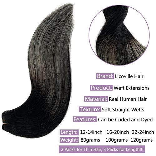 Licoville Silver Ombre Sew in Hair Extensions Human Hair Black and Gray Weft Hair Extensions Real Human Hair Sew in Balayage Black to Gray Highlights Hair Bundles 20 Inch 100grams