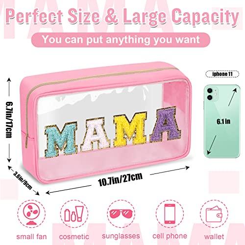 izuzta Chenille Letter Clear Makeup Bags Mama Pouch, Preppy Patch Makeup Bag with Zipper, Transparent PVC & Nylon Waterproof Portable Glitter Cosmetic Bag Travel Toiletry Storage for Women Girl(MAMA-Pink)