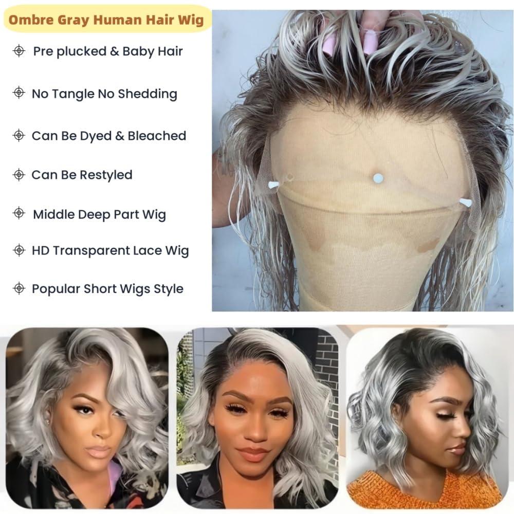 FENJUN HAIR FENJUN HAIR Ombre Silver Grey Wig Human Hair Dark Roots Wet and Wavy Lace Front Wigs for Black Women Body Wave Ash Blonde Wig Glueless Pre plucked Ombre Gray Wigs for White Women 150% Density 14 Inch