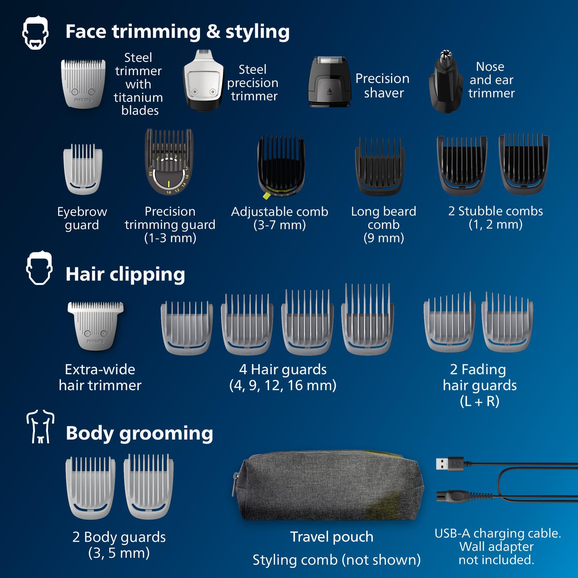 Norelco Philips Norelco Multigroom 7000 Series, All-in-One Trimmer, Beard Trimmer and Hair Clipper, 23-Piece Men\'s Grooming Kit for Beard, Face, Nose, Ear, Body, with Titanium Blades, Travel Pouch, MG7970/49