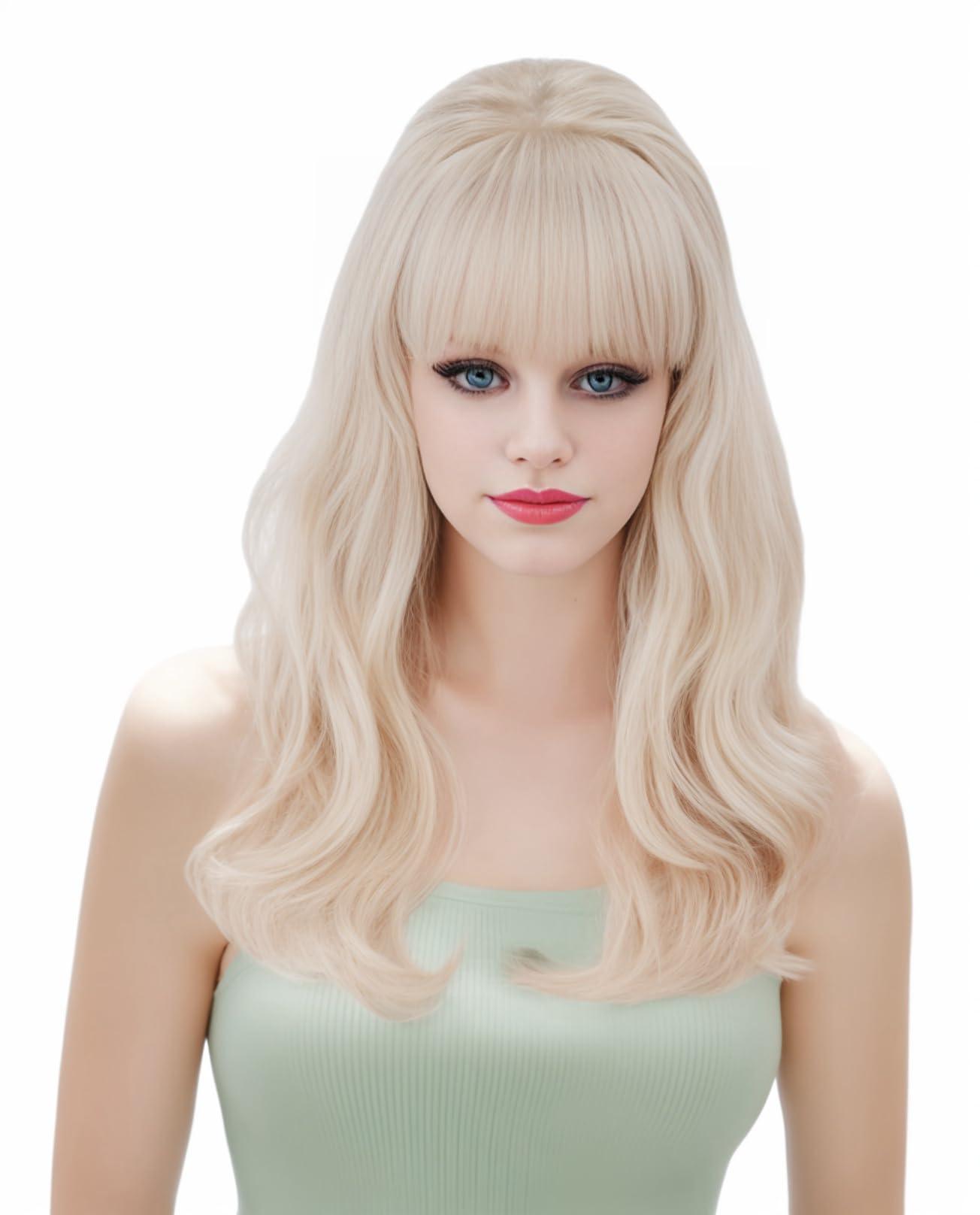 NJJYXH NJJYXH 20 Inches Retro Beehive Blonde Wigs for Women Long Wavy Wig with Neat Bangs Synthetic Natural Wig for 60s 70s 80s Cosplay,Halloween,Daily Use