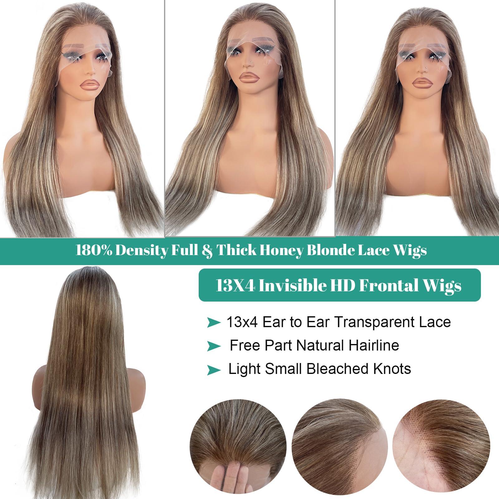 Munx Highlight Straight Lace Front Wigs Human Hair, Pre Plucked Ombre Brown 13x4 HD Transparent Lace Front Wigs Balayage Chestnut Brown Mixed Blonde 180% Density Full Frontal Wigs Long 32in