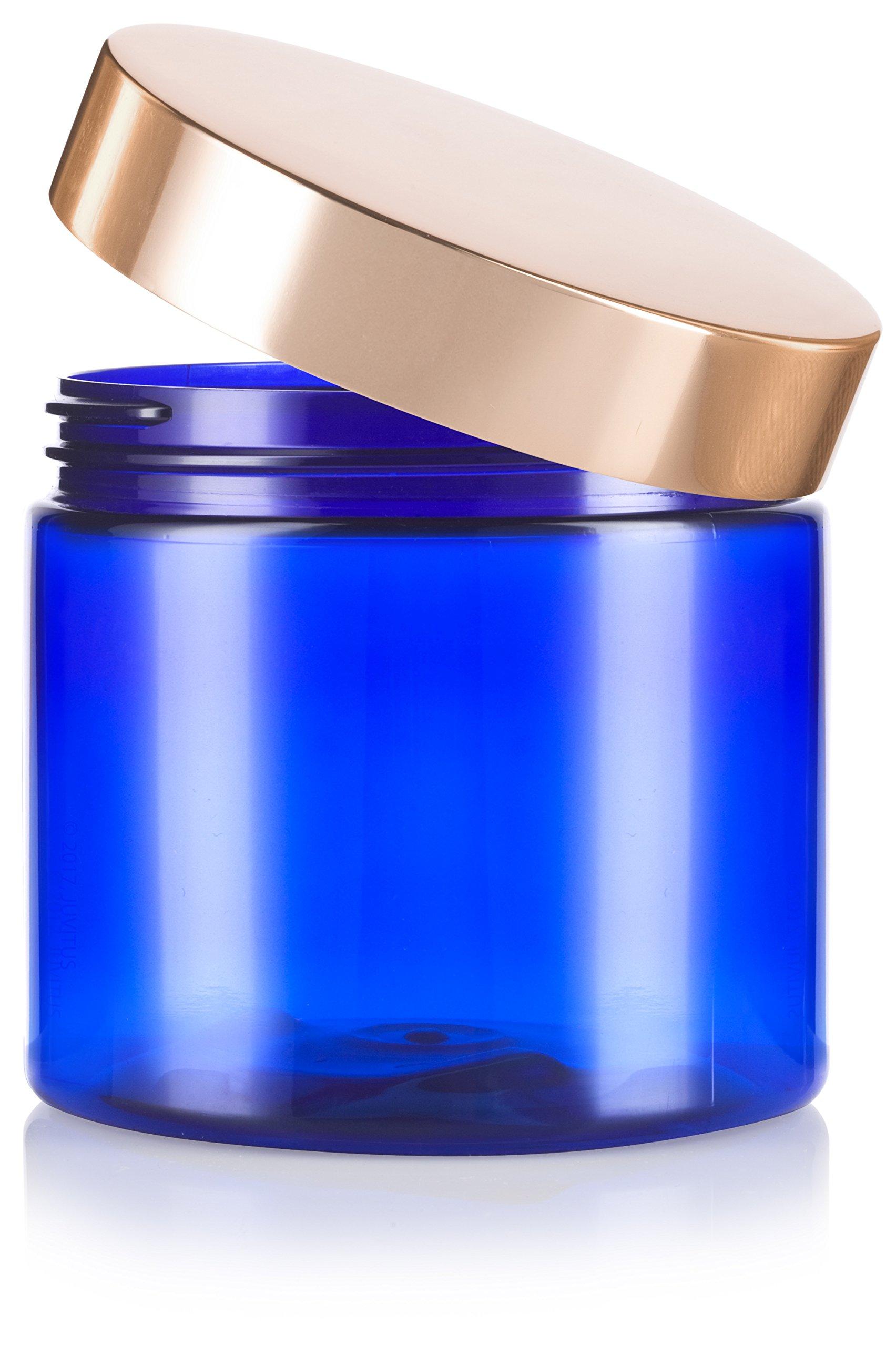 JUVITUS 16 oz Cobalt Blue PET Plastic Jar with Gold Metal Overshell Lid (6 Pack)