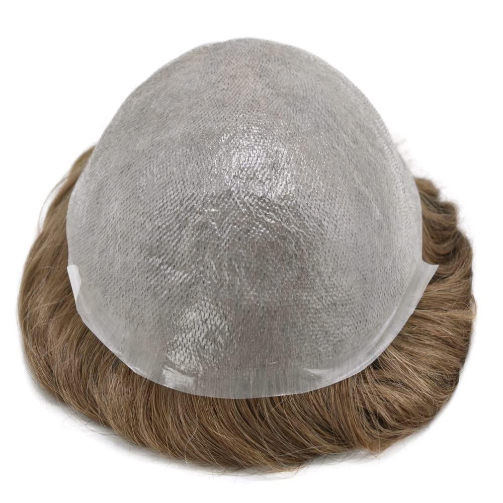 SINGA HAIR Mens Toupee Human Hair Pieces Real Wigs for Mens Hair Systems Replacements 0.06mm V Looped Thin Skin Man Hair Units #330 Dark Brown+30% Gray