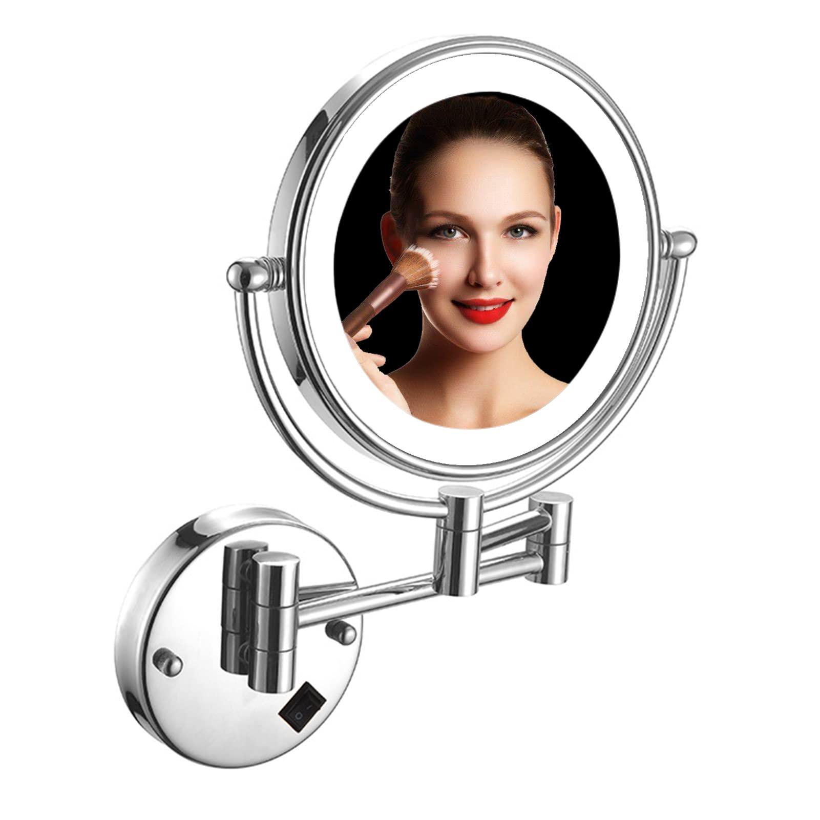 ZHANGY ZHANGY 8 Inch Wall Mounted Makeup Mirror with LED Lights, Plug 3X Magnifying Mirror, Wall 360°Rotatable Extendable Double-Sided, Bathroom and in Beauty and Personal Care, Silver White