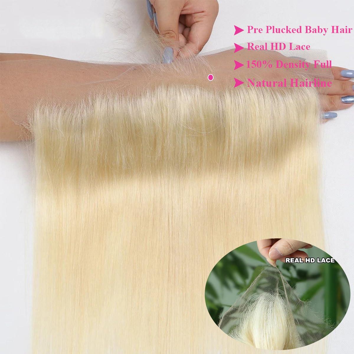 Binlvexin 613 Blonde Bundles Human Hair with Closure Frontal Blonde Human Hair 3 Bundles with 13x4 HD Frontal Closure 222426+20 613 Frontal Blonde Brazilian Virgin Straight Human Hair Weave