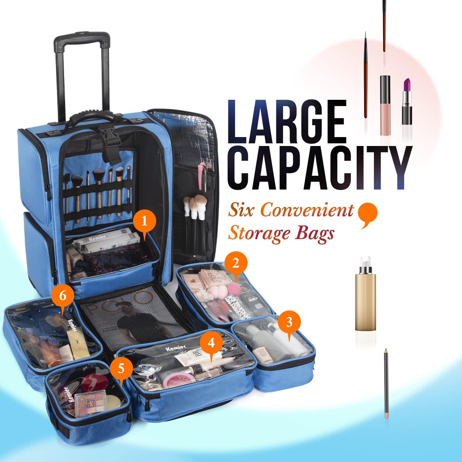 Kemier Kemier Rolling Makeup Train Case - Professional Makeup Travel Case Portable Artist Cosmetic Trolley Soft Side Nylon Large Capacity Organizer Storage bag with Wheels Blue
