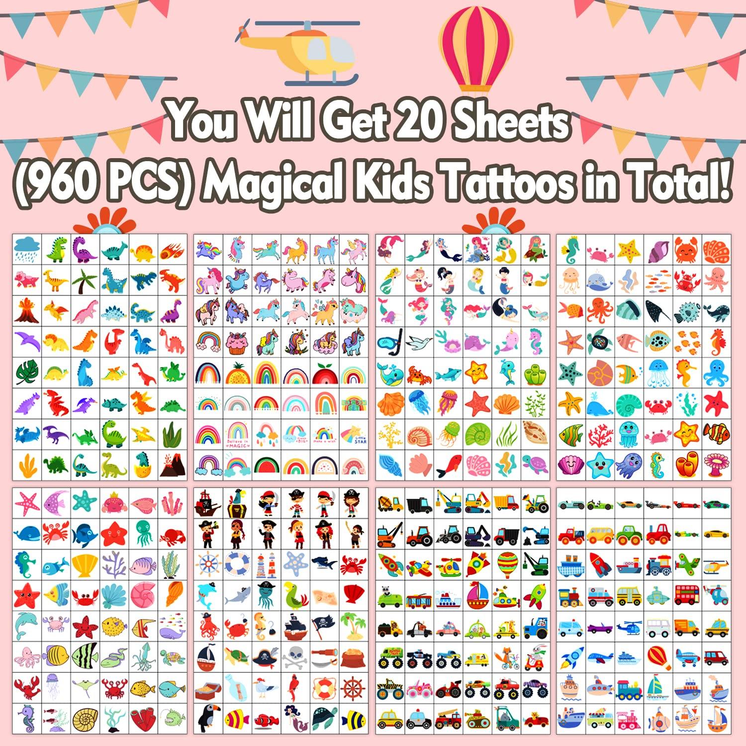 PARTYWIND Partywind 960 PCS Individually Wrapped Tattoos for Kids Bulk, Cute Temporary Tattoo Stickers for Birthday Party Supplies Favors, Fake Tattoos for Kids Christmas Gifts Games (20 Sheets)