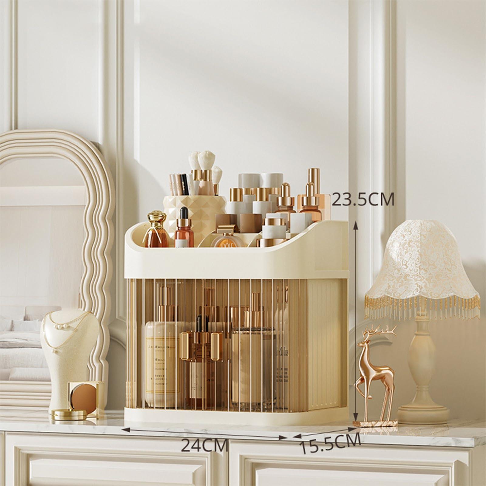 Generic Generic Makeup Storage Box Large Capacity with Transparent Door Multi Compartments Bedroom Desktop Cosmetic Organizer Cosmetics Display Case Beige Dual Layer