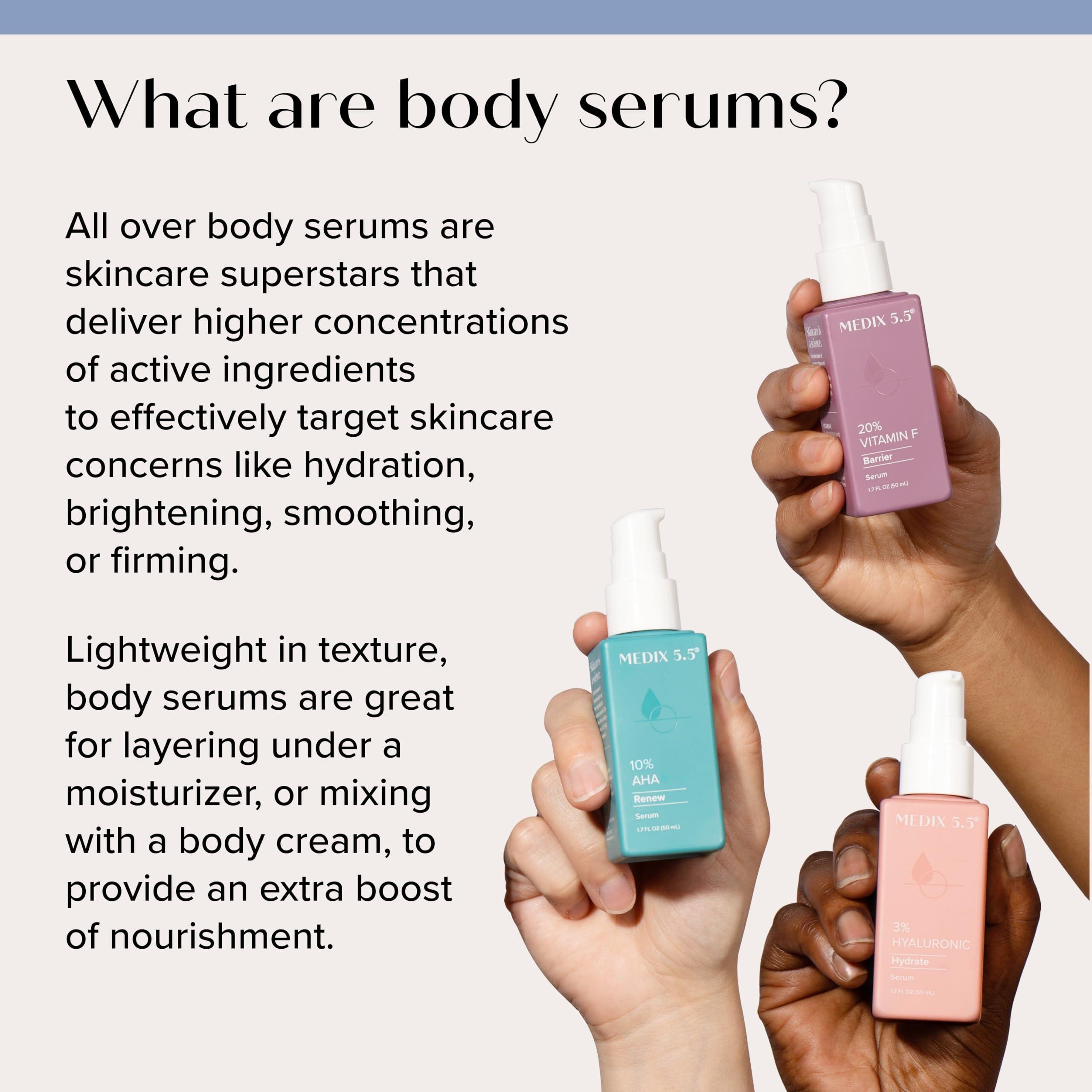 Medix 5.5 Medix 5.5 Anti Aging Body & Face Serum 3PC Bundle, 10% AHA Exfoliating Serum + 3% Hyaluronic Acid Hydrating Serum + 20% Vitamin F Oil Body Booster & Facial Serum For Daily Skin Care Routine