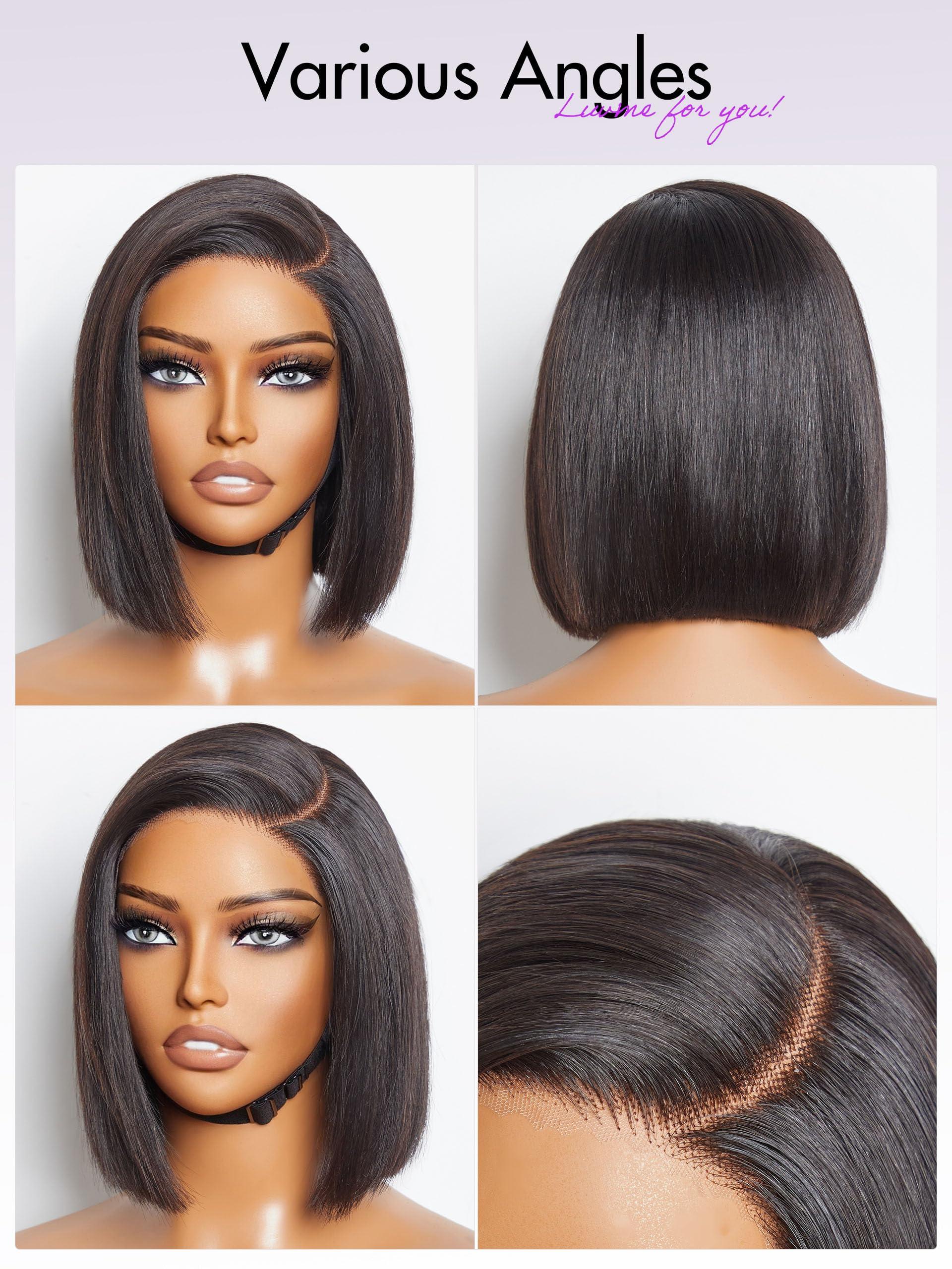 LUVME HAIR LUVME HAIR 8\'\' Blunt Cut Bob Wig Human Hair Pre Cut Glueless HD Lace Closure Wig Pre Plucked Mature Boss Side Parted Straigh Human Hair Short Wigs For Women